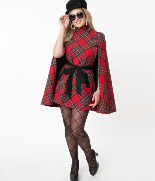 Smak Parlour Red Plaid Savile Row Cape Coat
