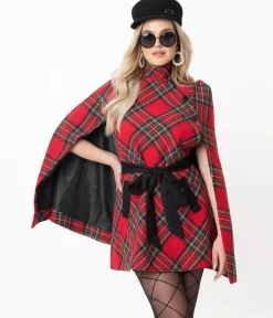 Smak Parlour Red Plaid Savile Row Cape Coat