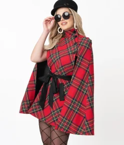 Smak Parlour Red Plaid Savile Row Cape Coat