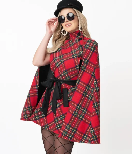 Smak Parlour Red Plaid Savile Row Cape Coat