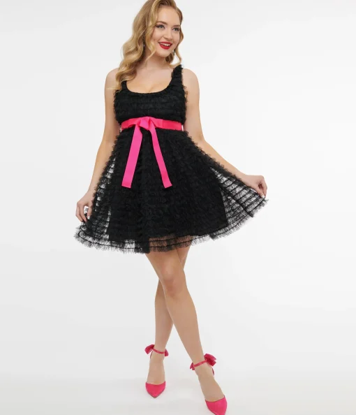 Smak Parlour 1960s Black & Hot Pink Empire Waist Mini Dress