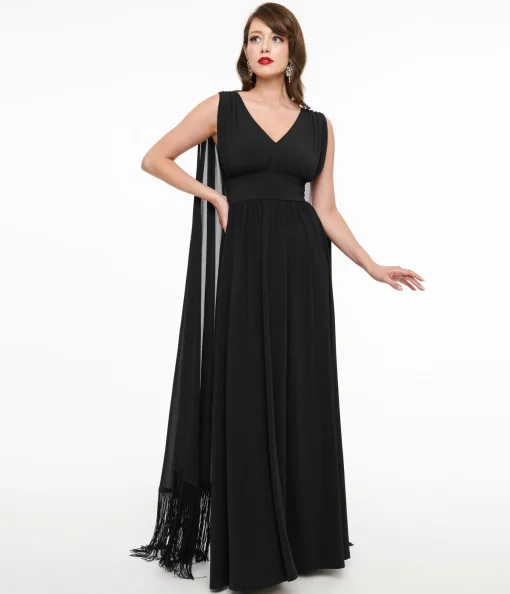 Smak Parlour 1970s Black Fringe Cape Maxi Dress