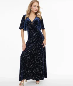 Smak Parlour 1970s Blue Velvet Silver Stars Cutout Maxi Dress