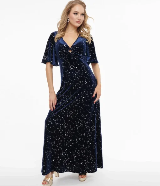 Smak Parlour 1970s Blue Velvet Silver Stars Cutout Maxi Dress