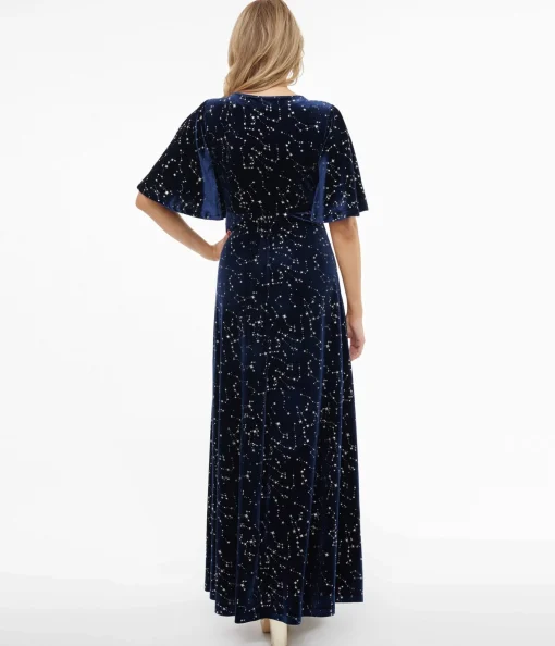 Smak Parlour 1970s Blue Velvet Silver Stars Cutout Maxi Dress