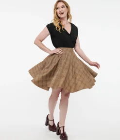 Smak Parlour 1960s Brown & Green Plaid Scene Flare Skirt