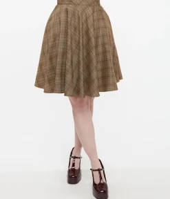 Smak Parlour 1960s Brown & Green Plaid Scene Flare Skirt