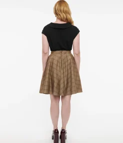 Smak Parlour 1960s Brown & Green Plaid Scene Flare Skirt