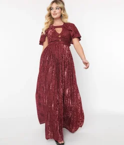 Smak Parlour 1970s Burgundy & Velvet Spiderweb Cape Maxi Dress