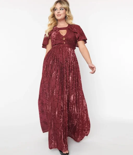 Smak Parlour 1970s Burgundy & Velvet Spiderweb Cape Maxi Dress