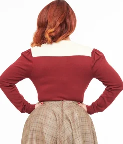 Smak Parlour 1960s Burgundy & Ivory Mistletoe Cardigan