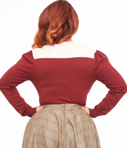 Smak Parlour 1960s Burgundy & Ivory Mistletoe Cardigan