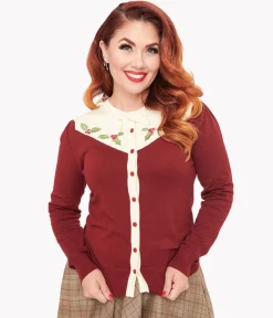 Smak Parlour 1960s Burgundy & Ivory Mistletoe Cardigan