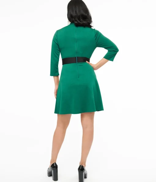 Smak Parlour 1960s Emerald & Black Belted A-Line Dress