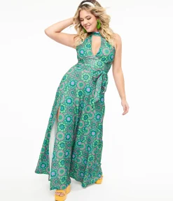 Smak Parlour 1960s Emerald Floral Halter Maxi Dress