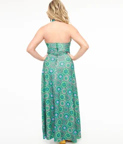 Smak Parlour 1960s Emerald Floral Halter Maxi Dress