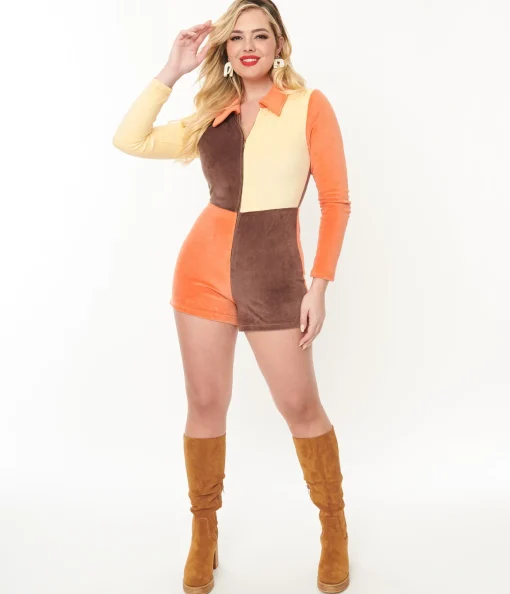 Smak Parlour 1960s Fall Color Block Terry Cloth Romper
