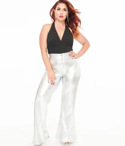 Smak Parlour 1960s Metallic Silver High Waist Flare Pants