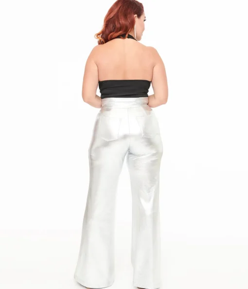 Smak Parlour 1960s Metallic Silver High Waist Flare Pants