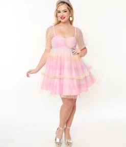 Smak Parlour 1960s Pink Rainbow Polka Dot Babydoll Dress
