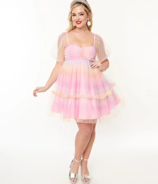 Smak Parlour 1960s Pink Rainbow Polka Dot Babydoll Dress