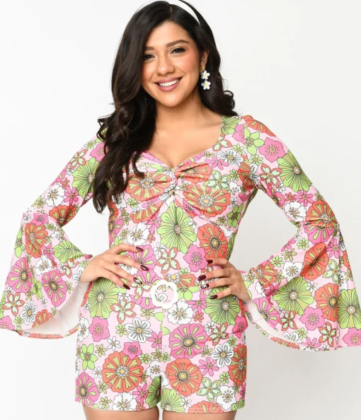 Smak Parlour 1960s Pink Retro Bloom Trumpet Sleeve Top
