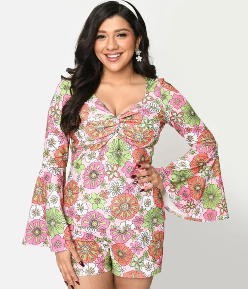 Smak Parlour 1960s Pink Retro Bloom Trumpet Sleeve Top