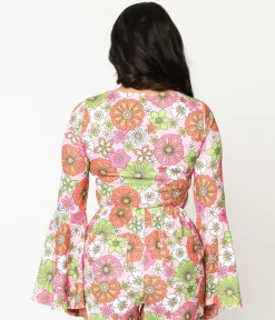 Smak Parlour 1960s Pink Retro Bloom Trumpet Sleeve Top