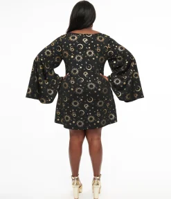 Smak Parlour 1960s Plus Size Black & Gold Celestial Print Mini Dress