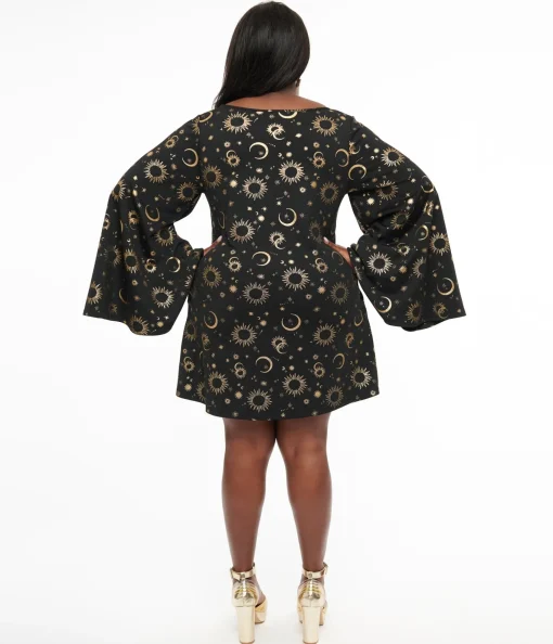 Smak Parlour 1960s Plus Size Black & Gold Celestial Print Mini Dress