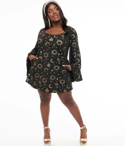 Smak Parlour 1960s Plus Size Black & Gold Celestial Print Mini Dress