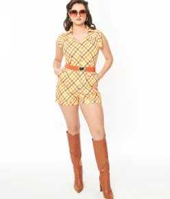 Smak Parlour 1970s Pumpkin Spice Gingham Belted Romper