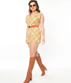 Smak Parlour 1970s Pumpkin Spice Gingham Belted Romper