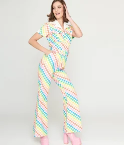 Smak Parlour 1970s Rainbow Check Flare Jumpsuit