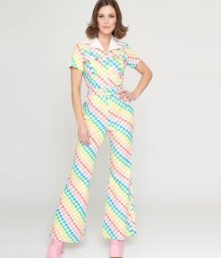 Smak Parlour 1970s Rainbow Check Flare Jumpsuit