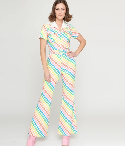 Smak Parlour 1970s Rainbow Check Flare Jumpsuit