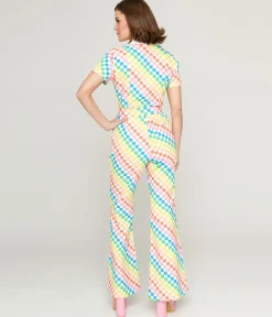 Smak Parlour 1970s Rainbow Check Flare Jumpsuit