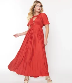 Smak Parlour 1970s Rust Red Pleated Cape Maxi Dress