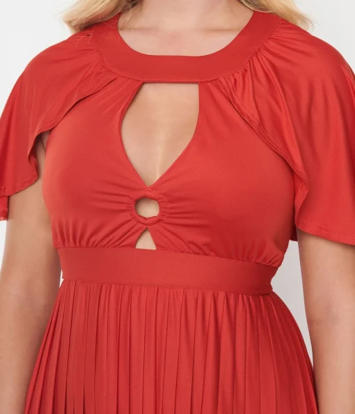 Smak Parlour 1970s Rust Red Pleated Cape Maxi Dress