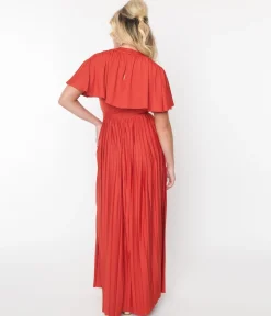 Smak Parlour 1970s Rust Red Pleated Cape Maxi Dress