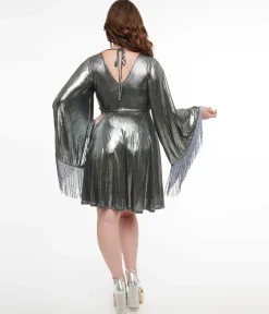 Smak Parlour 1970s Silver Metallic Fringe Fit & Flare Dress