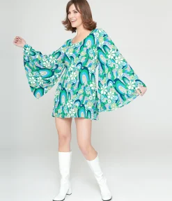 Smak Parlour 1960s Teal Floral Psychedelic Downtown Scene Mini Dress