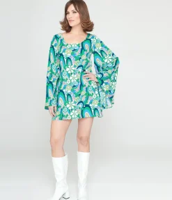 Smak Parlour 1960s Teal Floral Psychedelic Downtown Scene Mini Dress