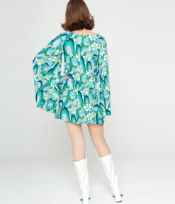 Smak Parlour 1960s Teal Floral Psychedelic Downtown Scene Mini Dress
