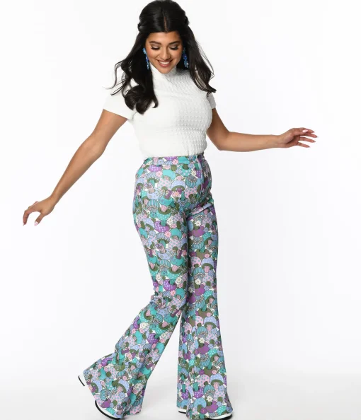 Smak Parlour 1970s Teal Groovy Mushrooms Find Your Flare Pants