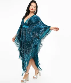 Smak Parlour 1970s Teal Sequin Fringe Caftan Dress