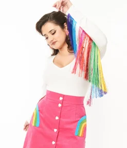 Smak Parlour 1970s White & Rainbow Fringe Sleeved Bodysuit
