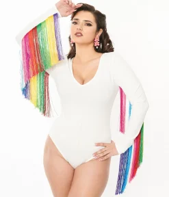Smak Parlour 1970s White & Rainbow Fringe Sleeved Bodysuit