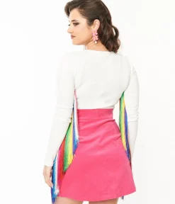 Smak Parlour 1970s White & Rainbow Fringe Sleeved Bodysuit
