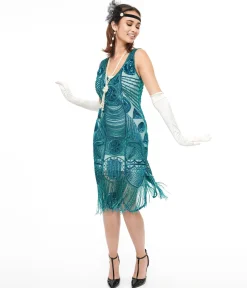 Special Order - Unique Vintage 1920s Style Teal Hand Beaded Fringe Bosley Flapper Dress